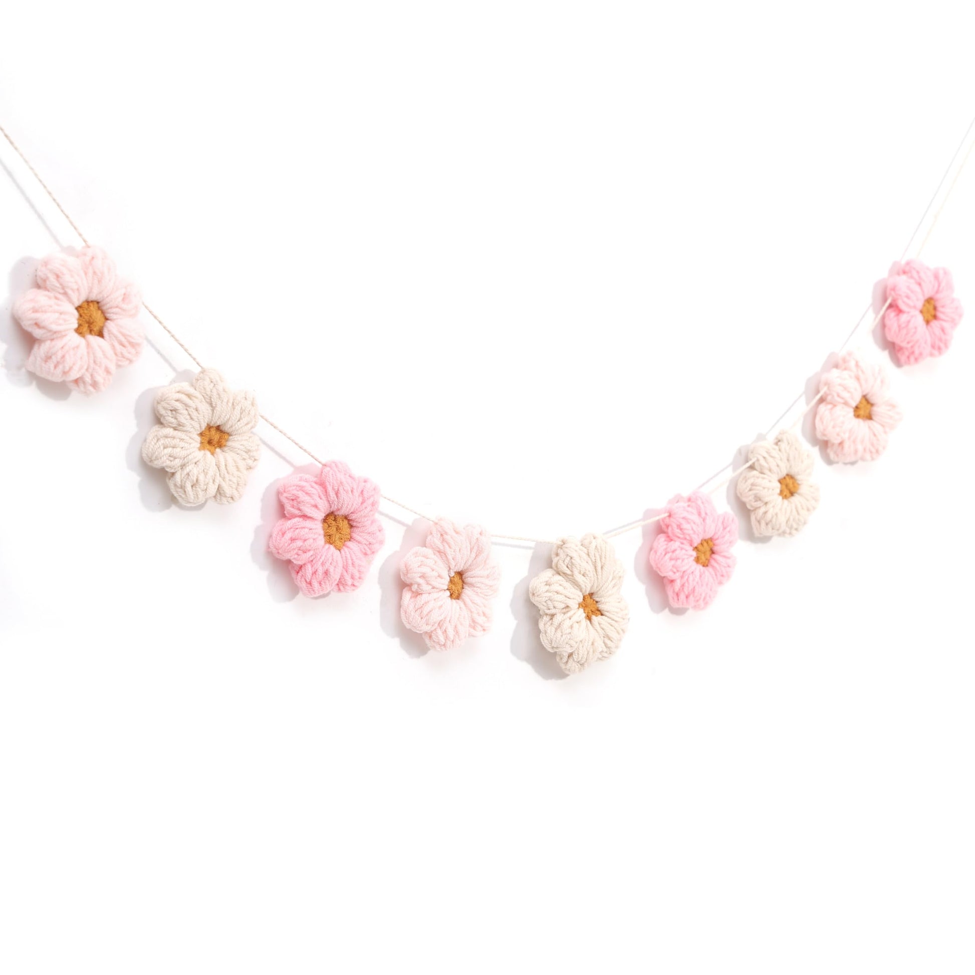 Boho Crochet Daisy Garland - Pink and Beige Yarn Floral Banner for