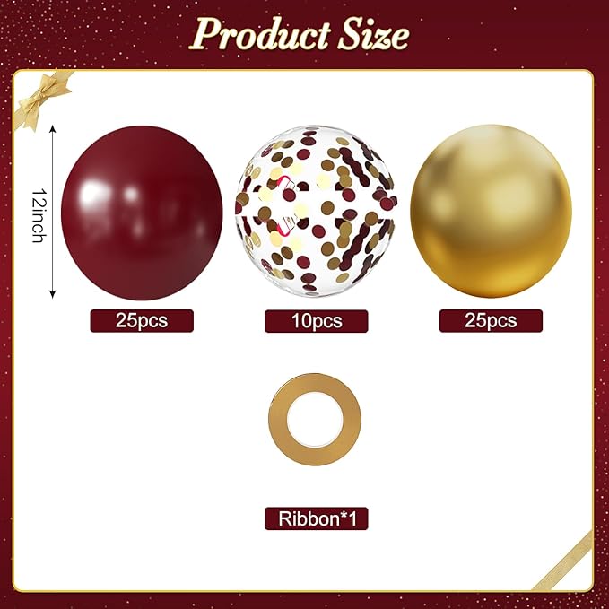 Burgundy and Gold Balloons, 60Pcs 12 Inch Maroon and Gold Balloons
