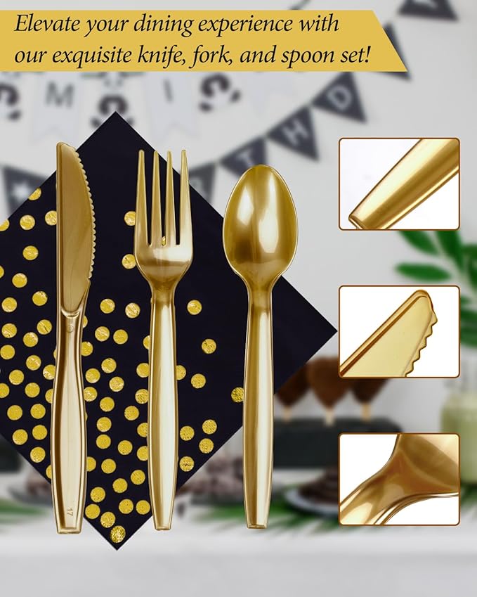 224 Pieces Party Supplies, Black and Gold Party Plates Cups and