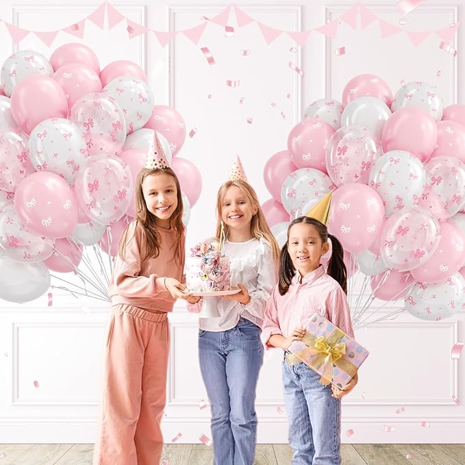60pcs Pink Bow Balloons 12inch with Pink White Clear Bow Balloons for