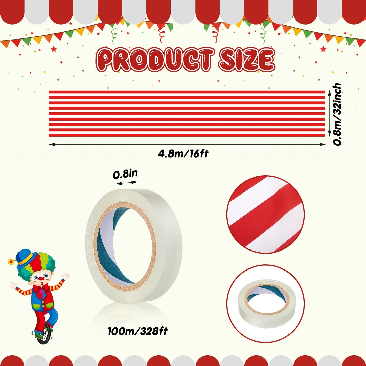 HunnmingRe 1 Pack Circus Halloween Decorations 32 Inch x 16 ft Red and