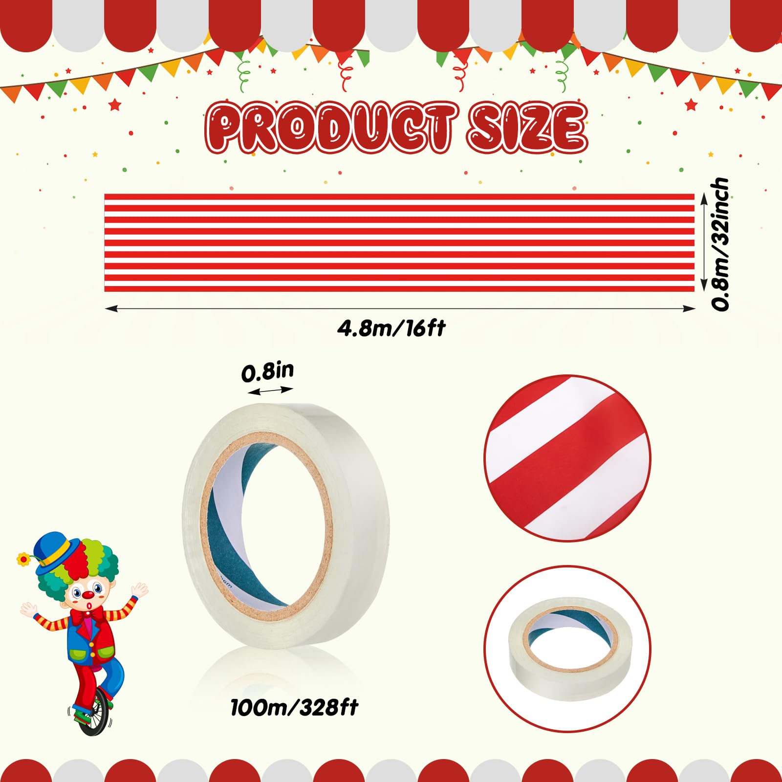 HunnmingRe 1 Pack Circus Halloween Decorations 32 Inch x 16 ft Red and