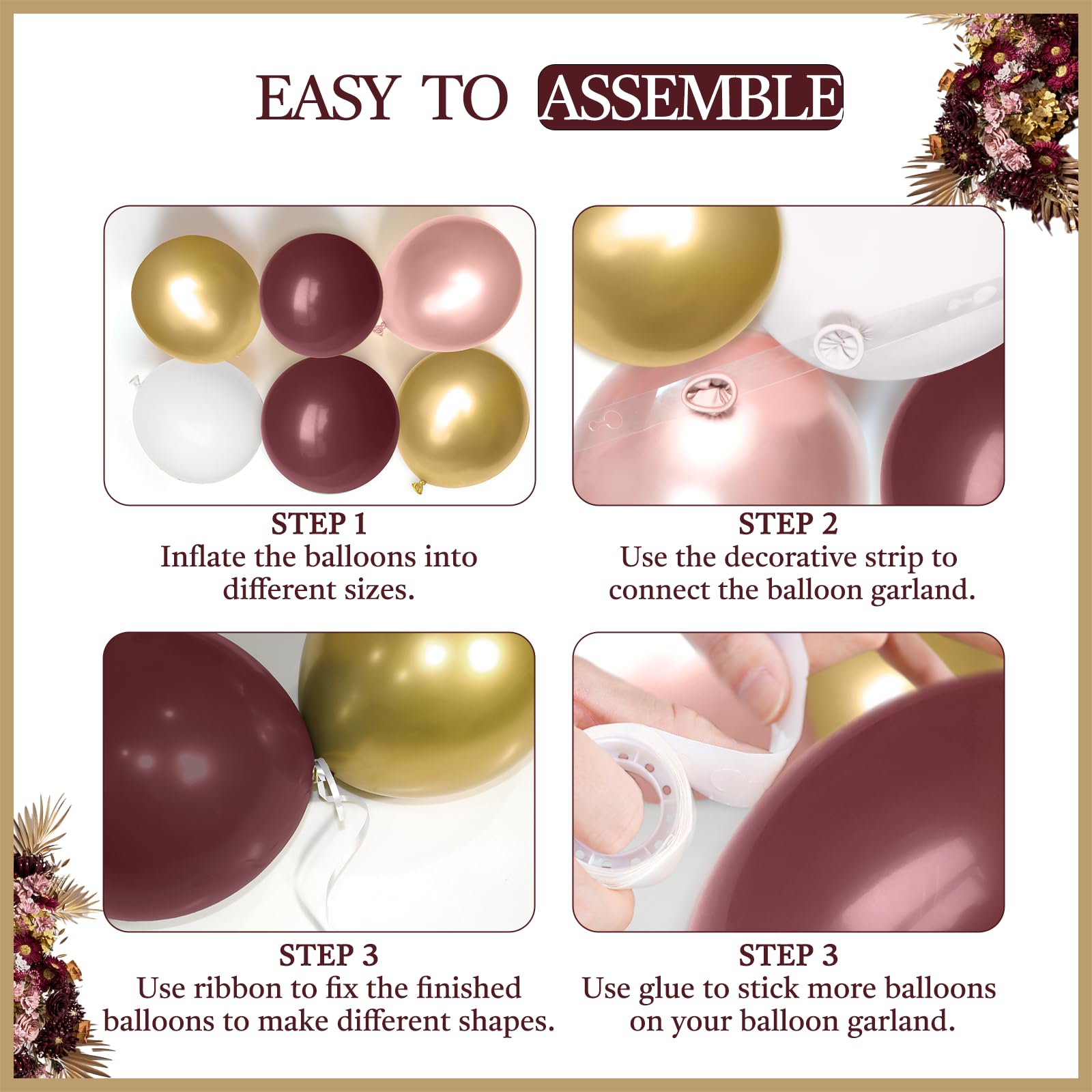 142pcs Burgundy Balloon Arch Garland Kit with Metallic Rose Gold
