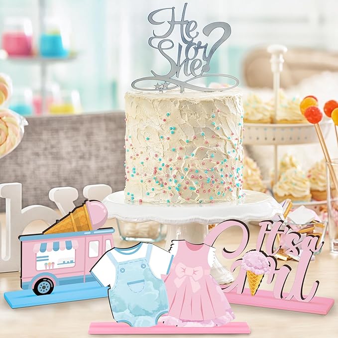 6 Pcs Ice Cream Gender Reveal Wooden Table Decorations Topper Blue