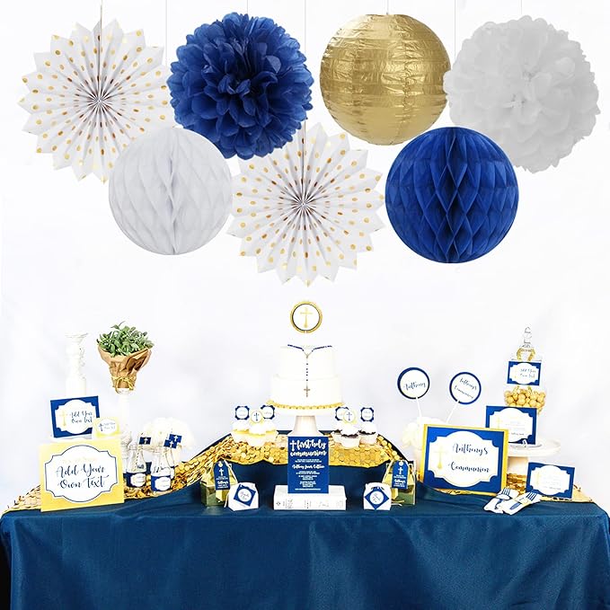 Navy-Blue White Gold Party Decorations - 14pcs Kits Paper Lanterns