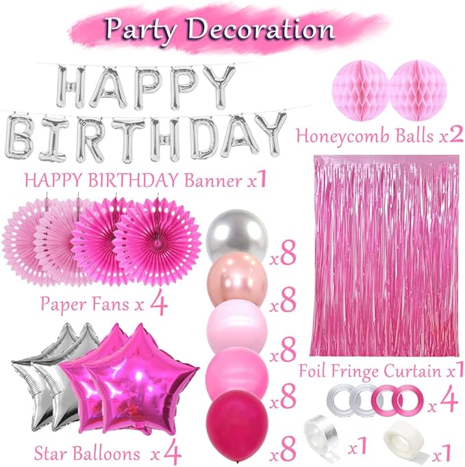 Pink Birthday Decorations Hot Pink Party Supplies Silver Happy