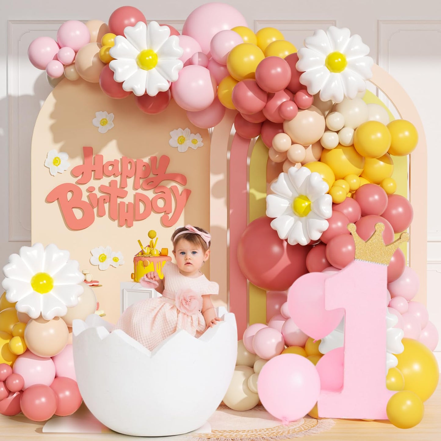Groovy Daisy Balloon Arch, Boho Balloon Arch Kit with Dusty Pink Light