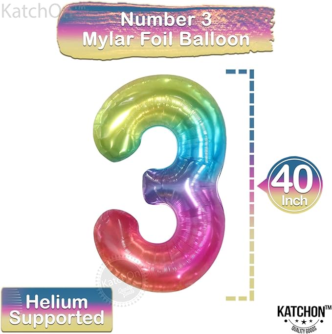 KatchOn, Giant Jelly Rainbow 3 Balloon Number - 40 Inch | Number 3