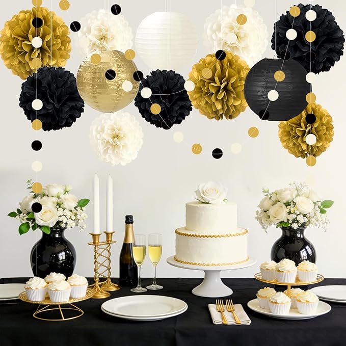 14PCS Black and Gold Party Decorations, Tissue Paper Pom Poms, Paper