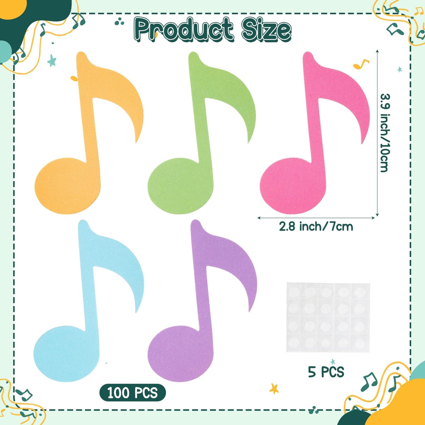 Music Note Glitter Cutouts - 100Pcs Colorful Music Notes Themed Paper