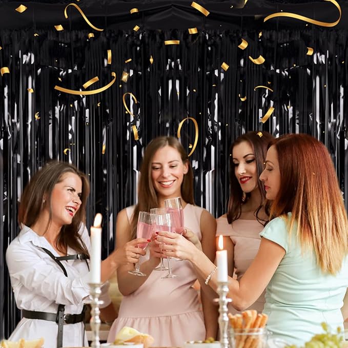 2 Pack 3.2ft x 8.2ft Black Tinsel Foil Fringe Curtains, Metallic Foil