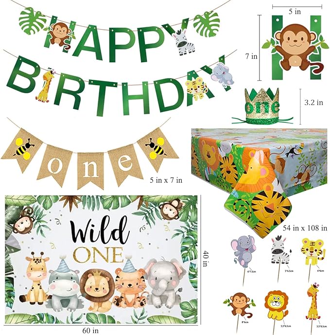 Safari 1st Birthday Decorations for Boy Wild One Backdorp Happy