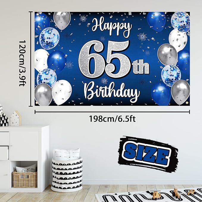 Happy 65th Birthday Decorations 65th Blue & Silver Balloon Large