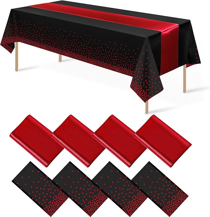 8Pack Disposable Plastic Party Tablecloths and Satin Table Runner Set