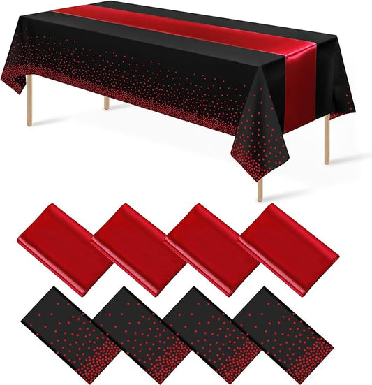 8Pack Disposable Plastic Party Tablecloths and Satin Table Runner Set