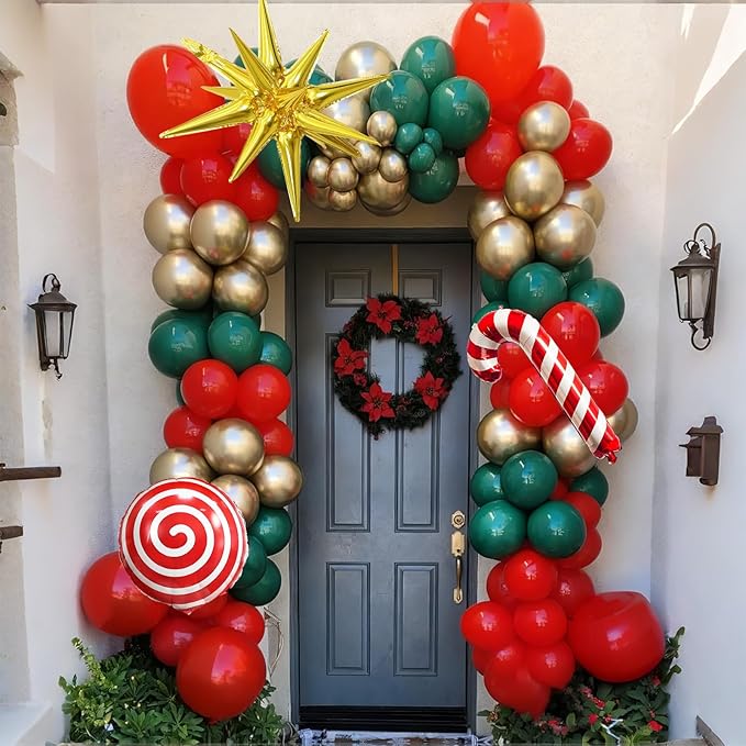 Christmas Balloon Arch Red Dark Green Gold Balloons with Candy Cane