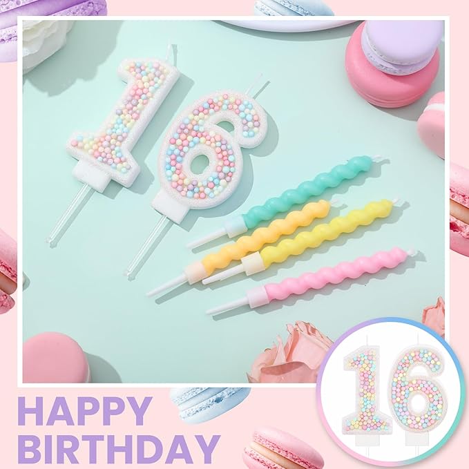 MTLEE Number 16 Birthday Candle with 12 Pcs Spiral Candles for Girls