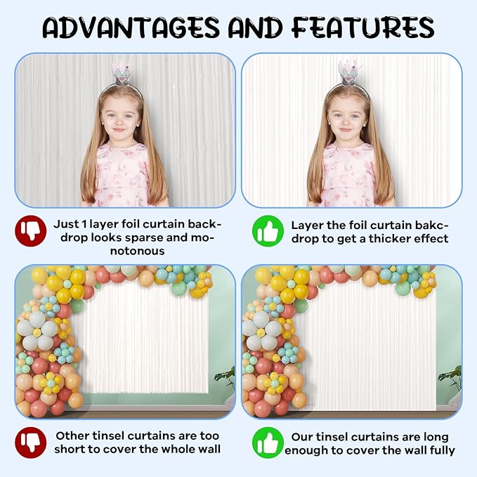 Voircoloria 2 Pack White Foil Fringe Backdrop Curtains, Tinsel