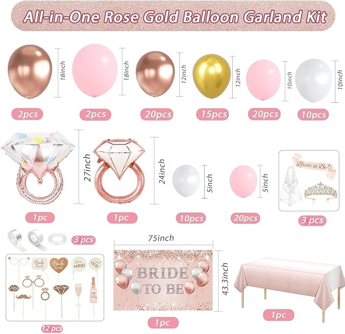 121 Pcs Bachelorette Party Decorations Kit Rose Gold Bridal Shower