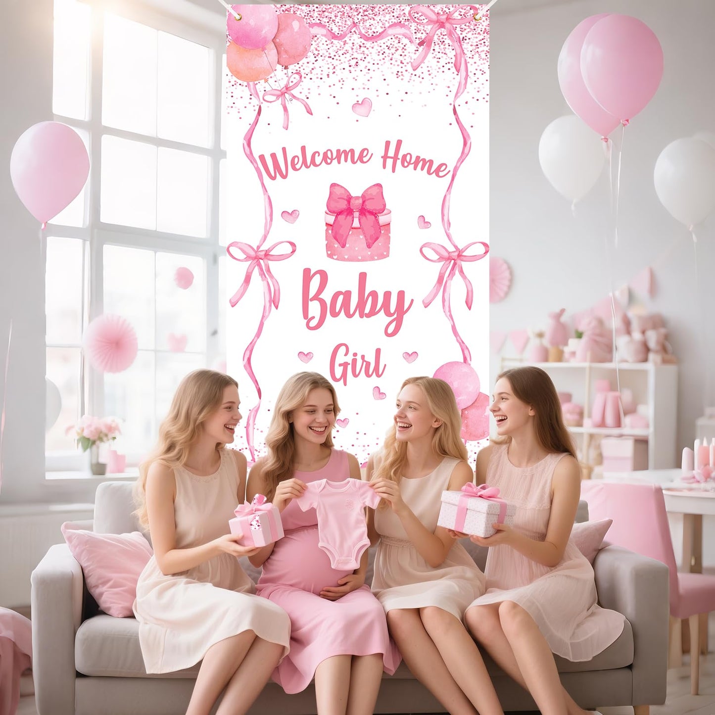 Welcome Home Baby Girl Banner Decorations Pink Bow Baby Shower