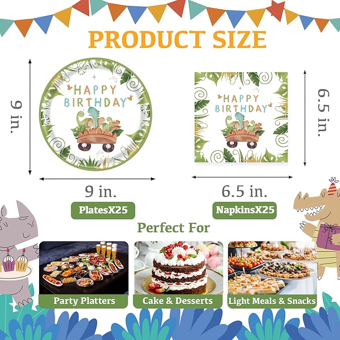 50 Pcs Dinosaur Birthday Party Paper Plates Dinosaur Theme Birthday