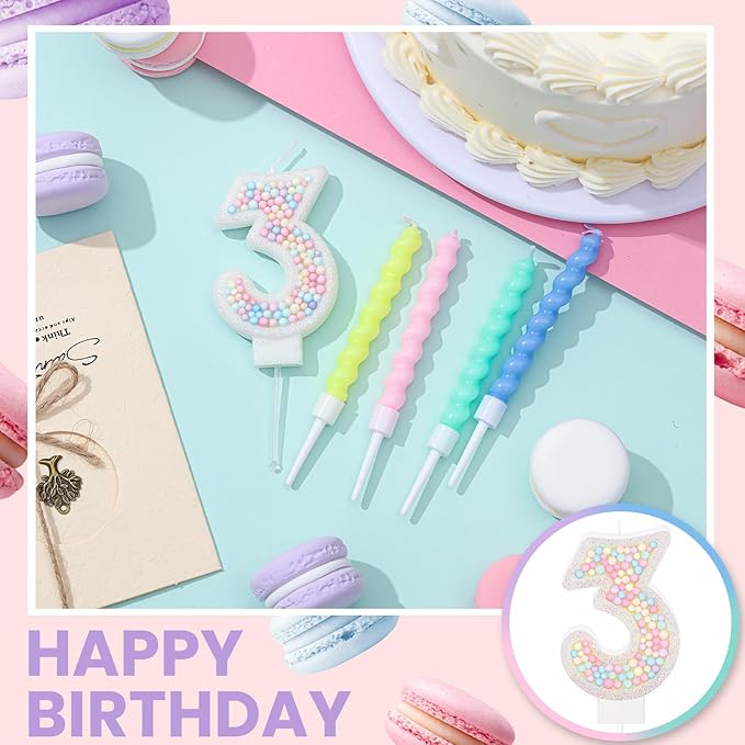 MTLEE Number 3 Birthday Candle with 12 Pcs Spiral Candles for Girls Ma