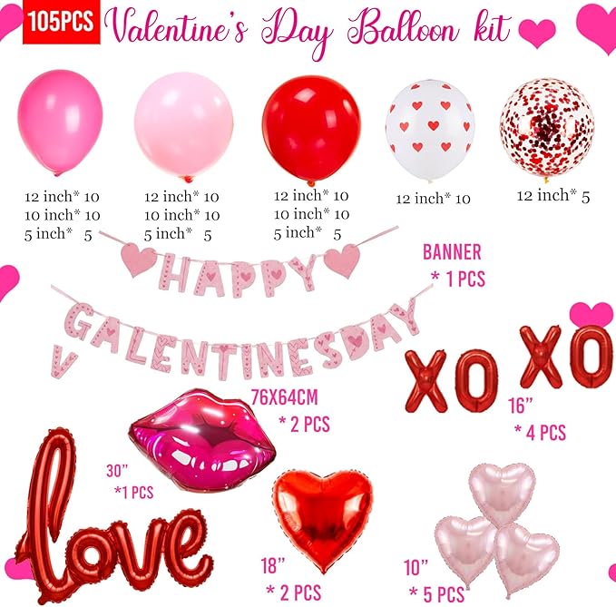 Valentines Day balloon garland arch kit with Banner red Hot pink