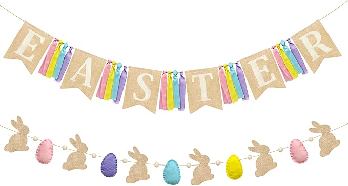 Easter Party Decorations Burlap Rabbit Bunny 3D Felt Egg with Wood