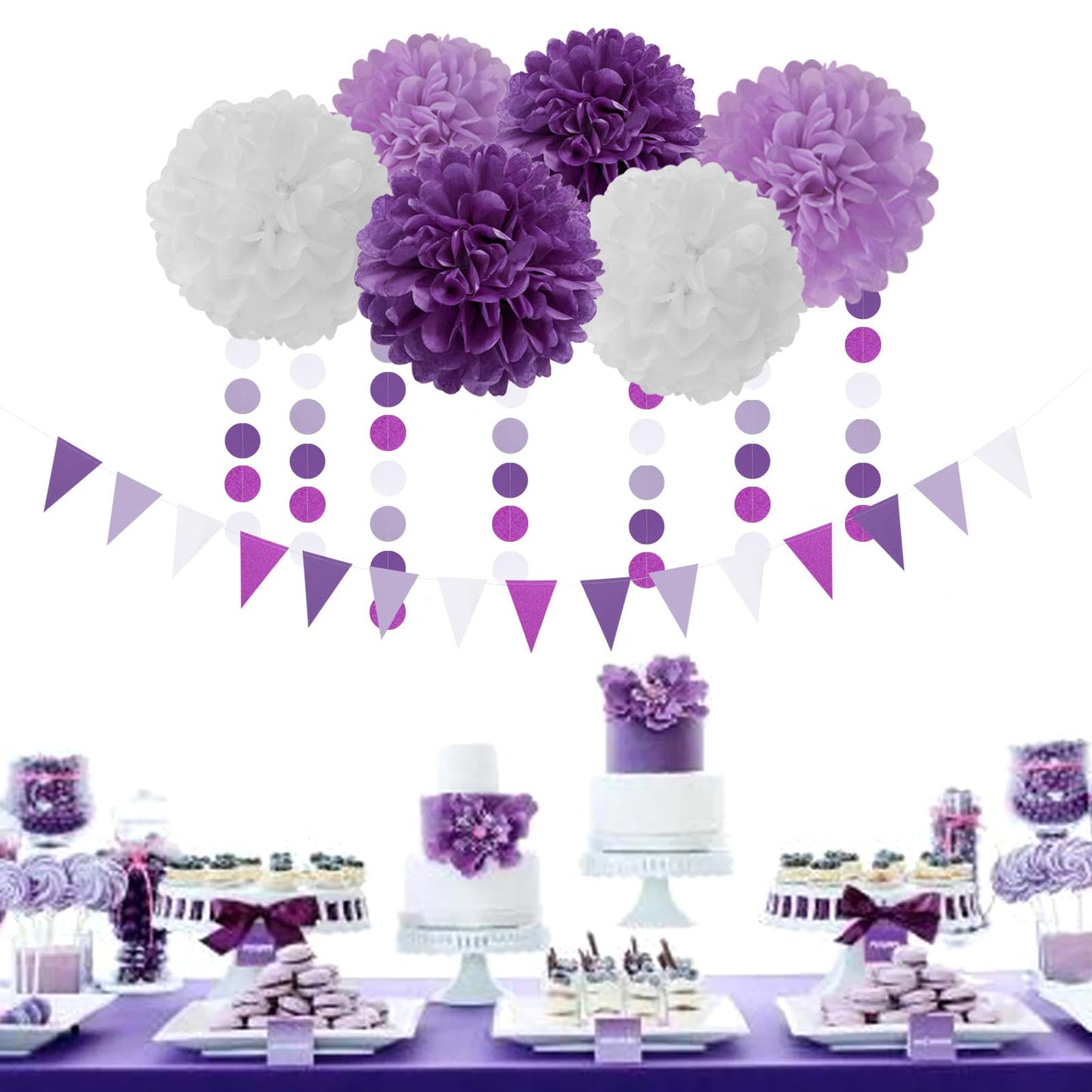 Purple White Lavender Party-Decorations Streamers - 28pcs Tissue Pom