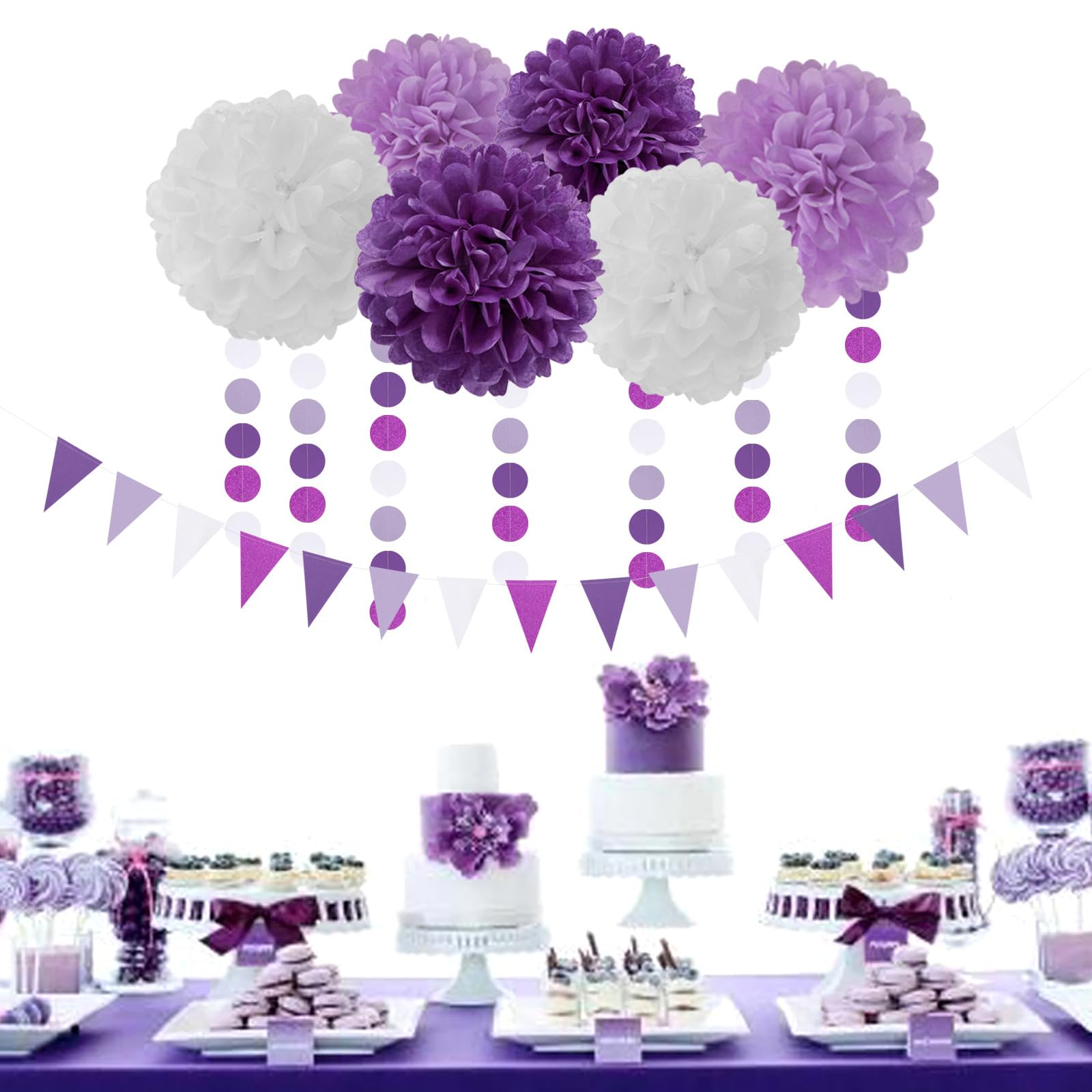 Purple White Lavender Party-Decorations Streamers - 28pcs Tissue Pom
