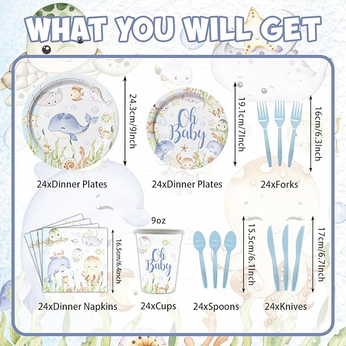 168 Pcs Under The Sea Baby Shower Supplies Paper Plates Napkins Set
