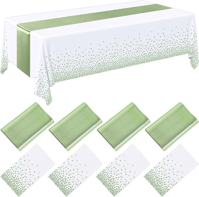 Breling 8 Pack White and Sage Green Disposable Plastic Tablecloths
