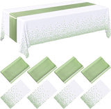 Breling 8 Pack White and Sage Green Disposable Plastic Tablecloths