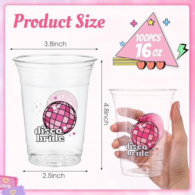 100 Pcs Pink Disco Ball Bachelorette Party Cups 16 oz Clear