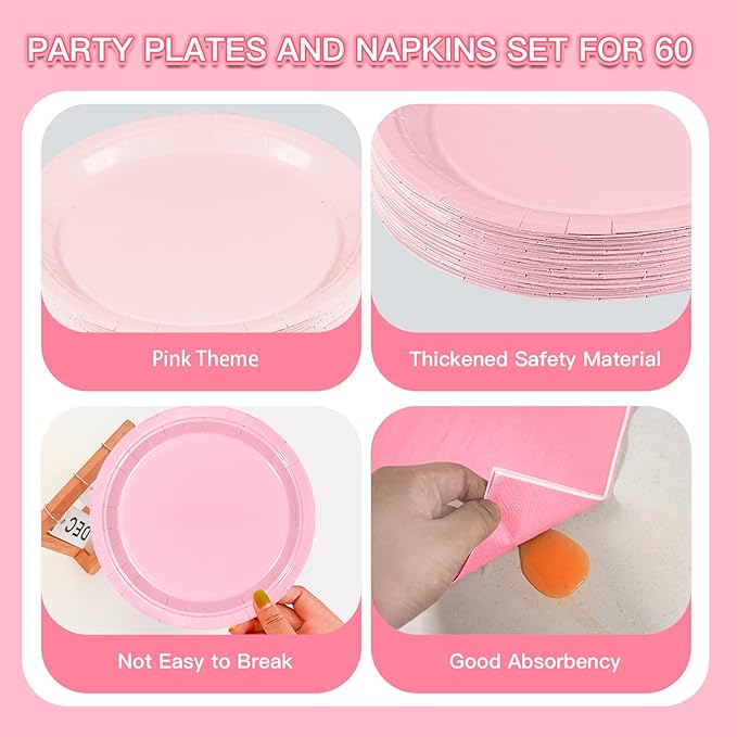180Pcs Pink Paper Plates Party Supplies Boho Paper Plates and Napkins