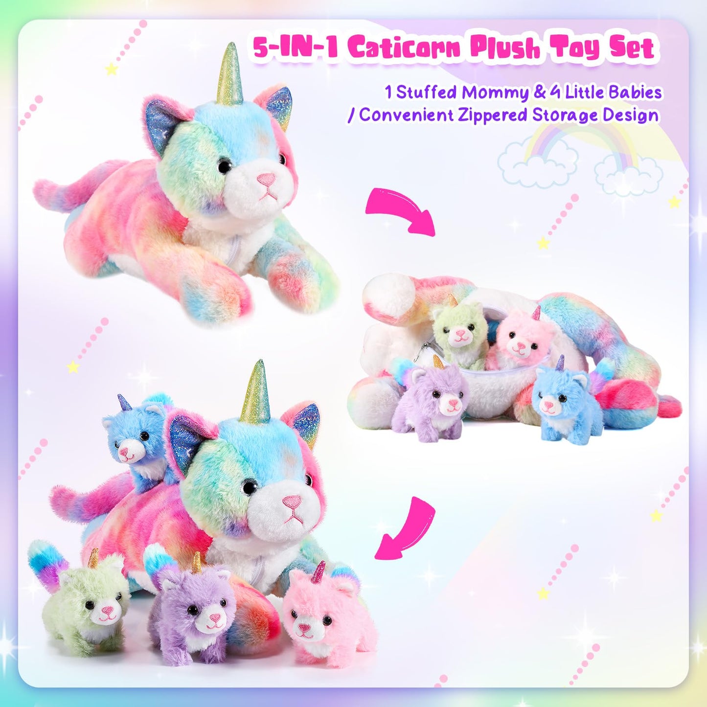 Harrycle 5 Pieces Caticorn Plush Toy Set 16 Inch Mommy Cat Unicorn