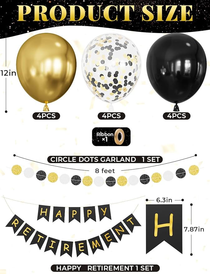 Retirement Party Decorations for Men and Women Black and Gold Happy