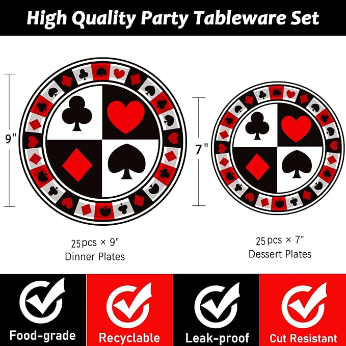50Pcs Poker Party Supplies 9 Playing Card Dinner Plates 7 Casino