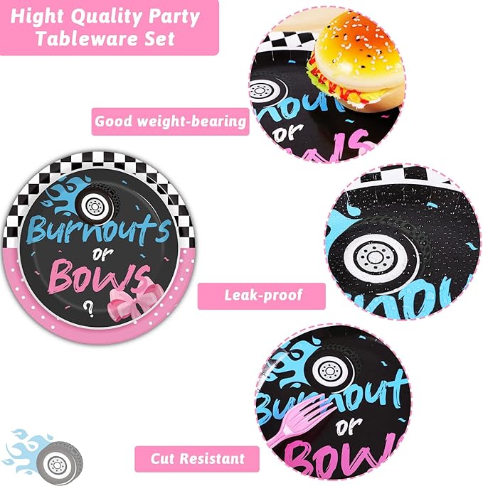 96 Pcs Gender Reveal Burnouts or Bows Party Plate and Napkins