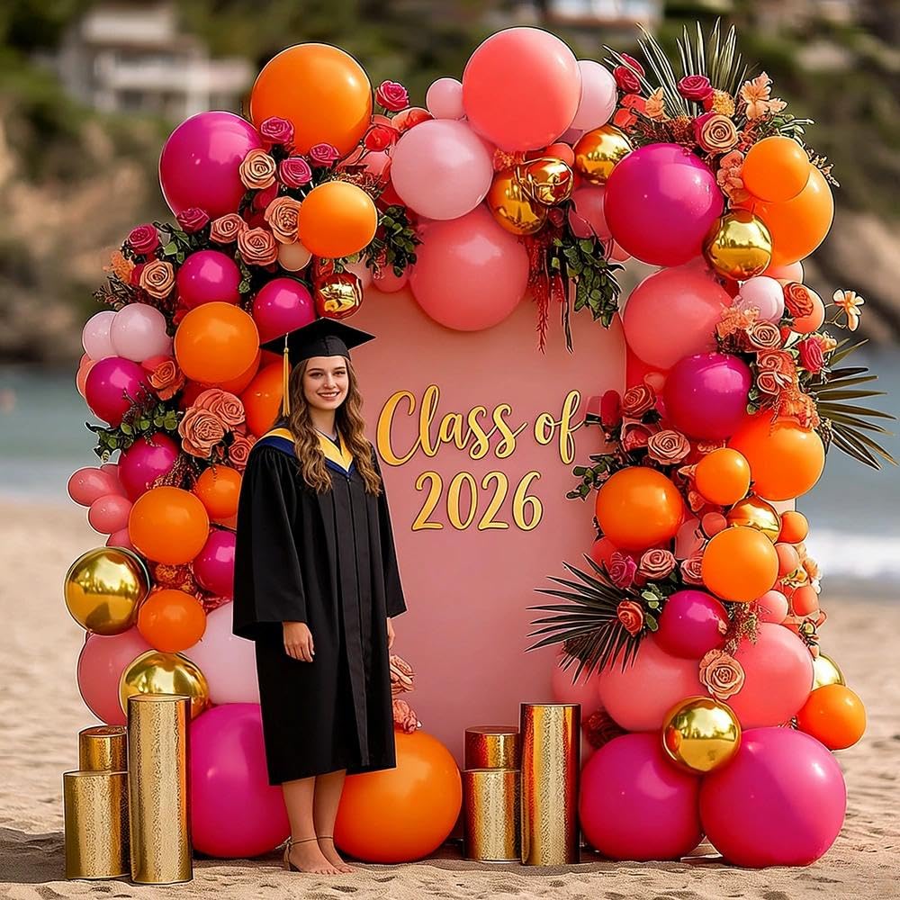 Pink Orange Balloon Garland Double Stuffed Hot Pink Orange Gold