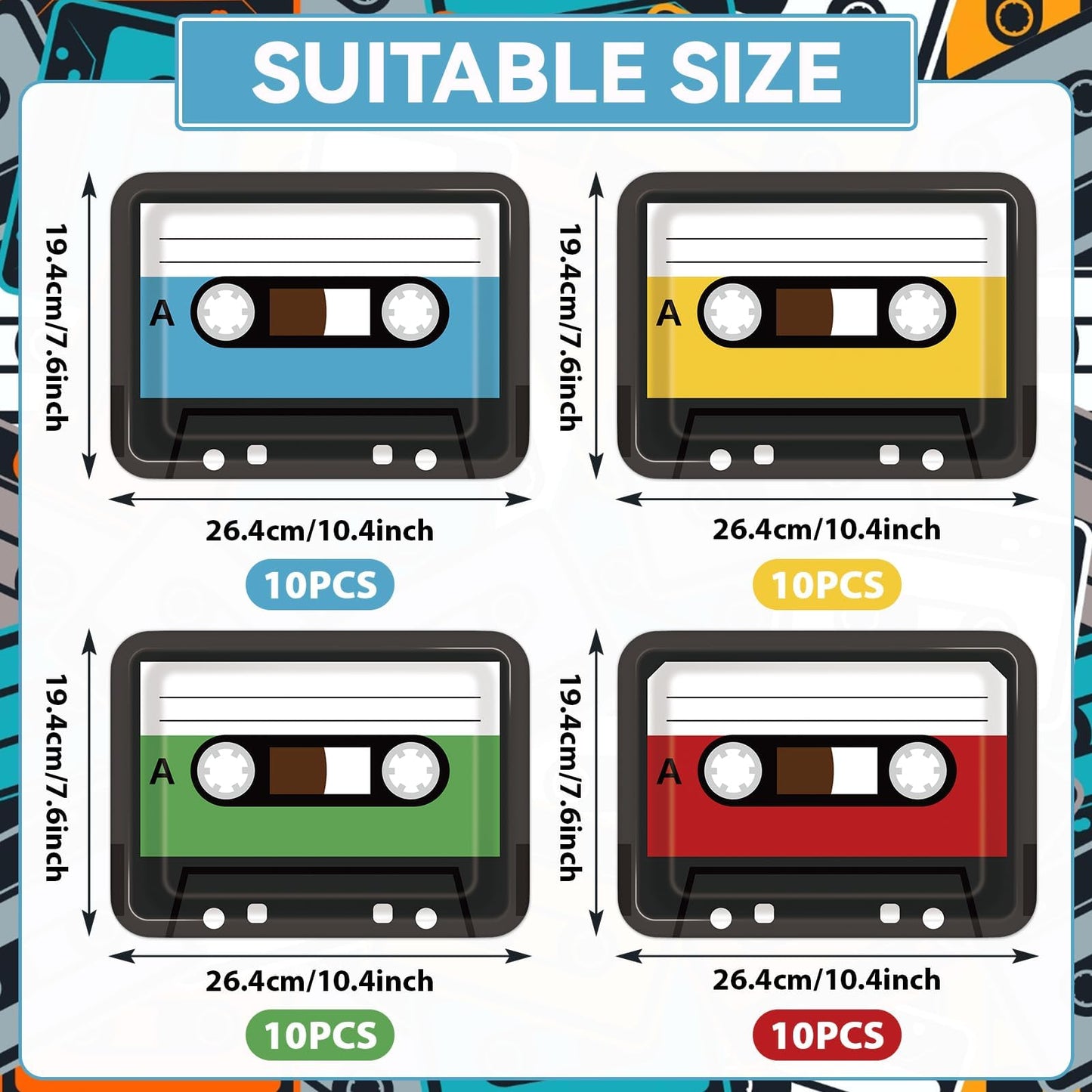 40PCS Cassette Tape Plates 70s 80s 90s Party Decorations 10 x 7 Inch