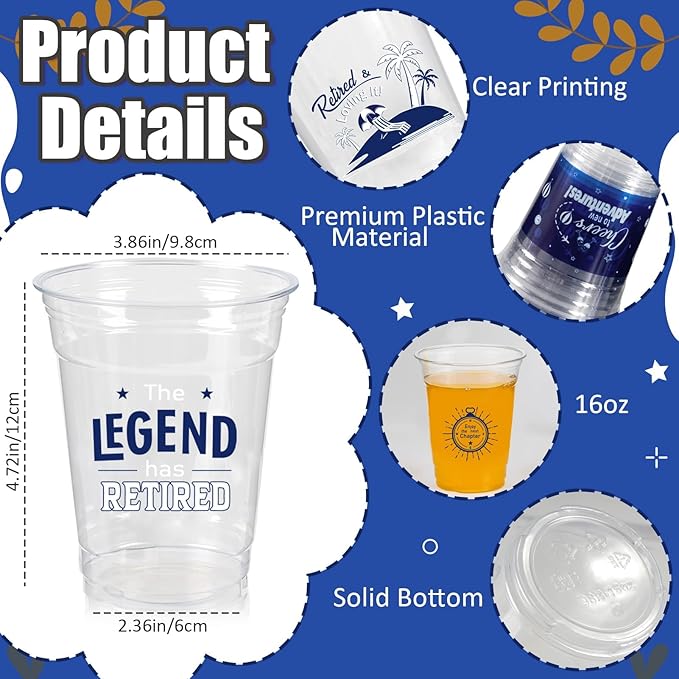 Retirement Party Decoration Cups 50pcs 16 Oz Plastic Drinking Cups
