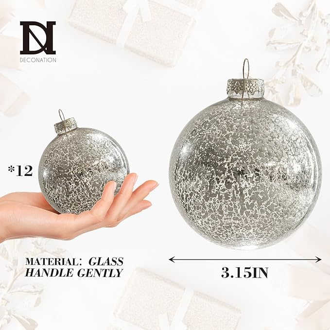 Christmas Ball Ornaments Set of 12pcs-3.15” Silver Mercury Glass Xmas