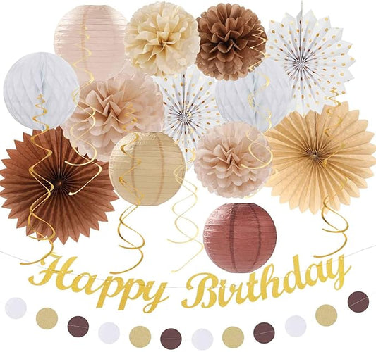 White Brown Champagne Gold Boho Birthday Party Decorations 21pcs