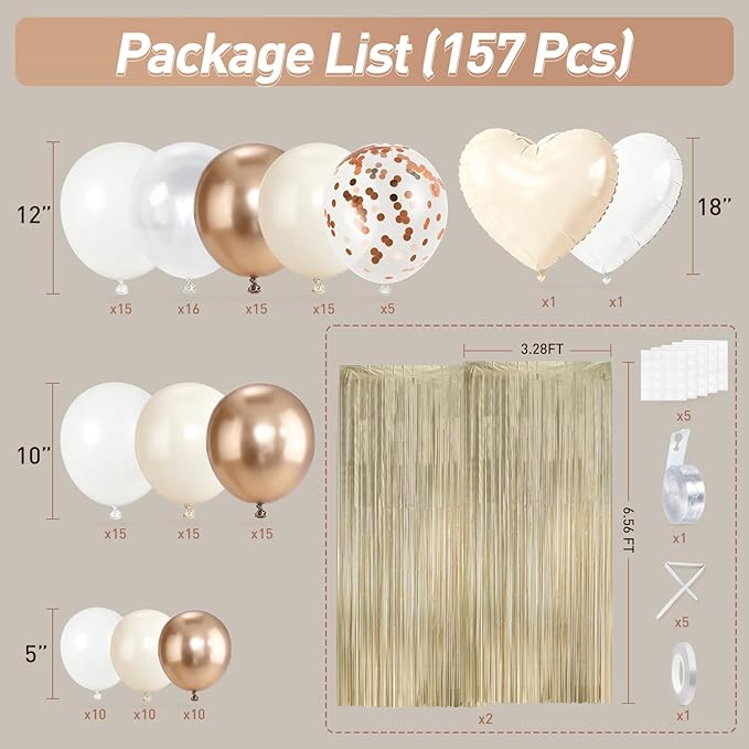 White and Champagne Gold Balloons Garland Arch Kit with Rose Gold