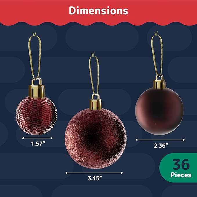PREXTEX Wine Red Christmas Ornaments Set - 36 Shatterproof Wine