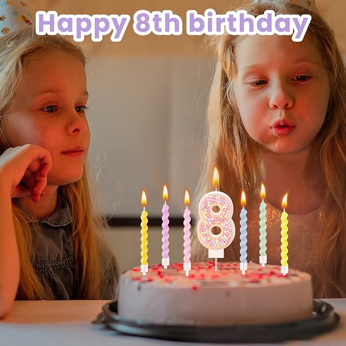 MTLEE Number 8 Birthday Candle with 12 Pcs Spiral Candles for Girls