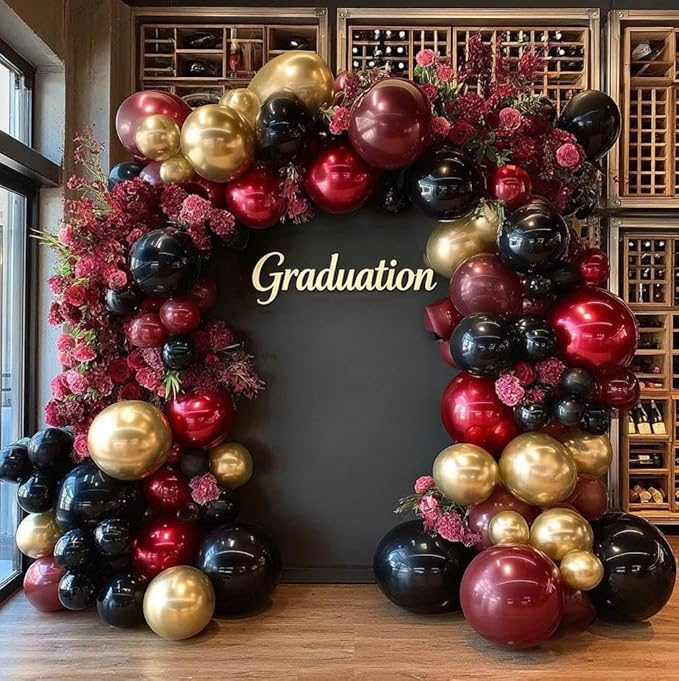 Burgundy Black Gold Balloon Garland Double Stuffed Dark Red Gold