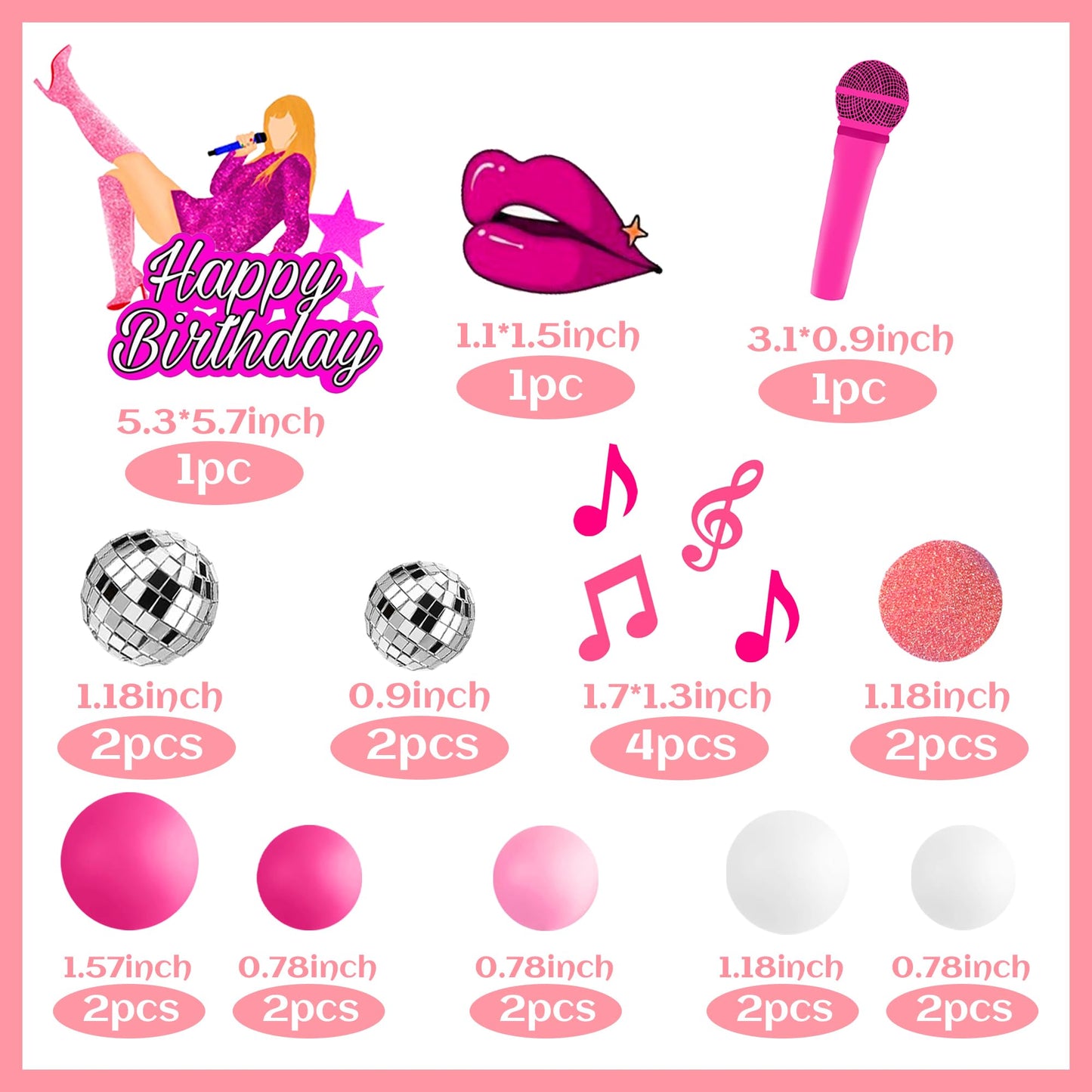 26 PCS Music Cake Toppers Pink Birthday Cake Topper and Disco Cake