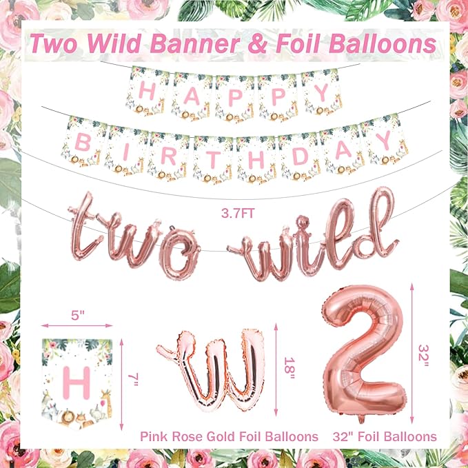 231 PCs Two Wild Birthday Decorations Girl Hombae Jungle Safari